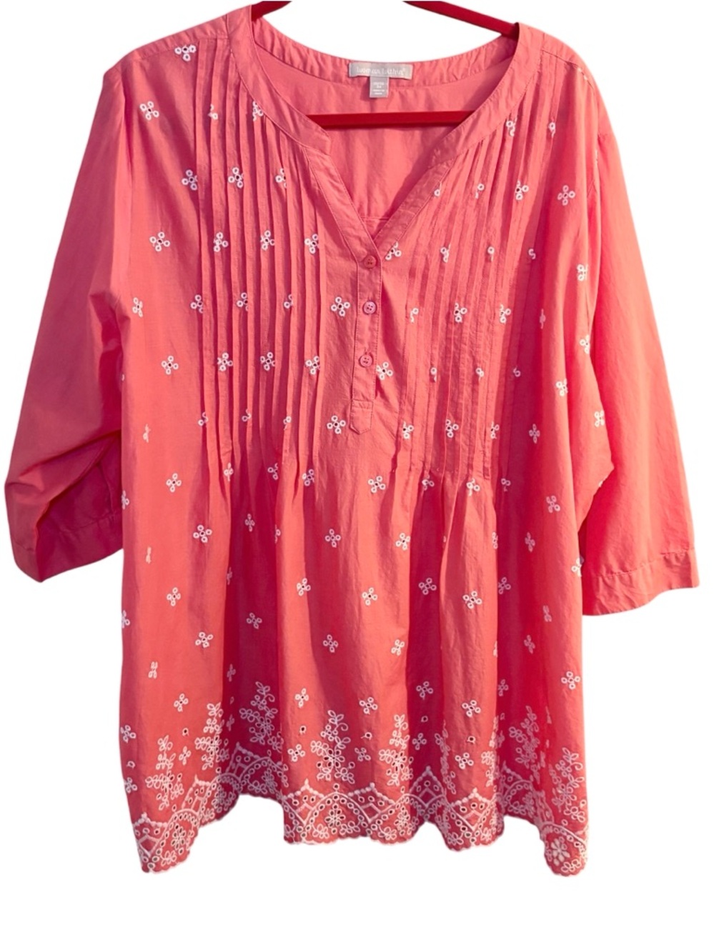 Woman Within Coral Embroidered Pintuck Split-Neck Tunic plus 2x